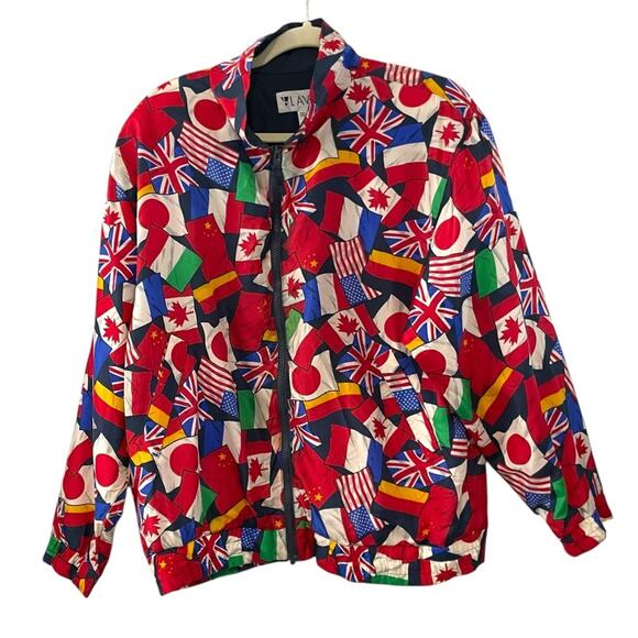 Lavon Vintage World Flag Print Silk Jacket | Multicolor | Size Medium - Picture 1 of 8